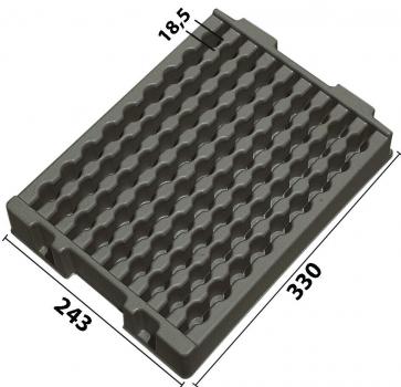 The image displays a rectangular, gray plastic mat with a wavy structure. It measures 243 mm in width and 330 mm in length, with a thickness of 18.5 mm.