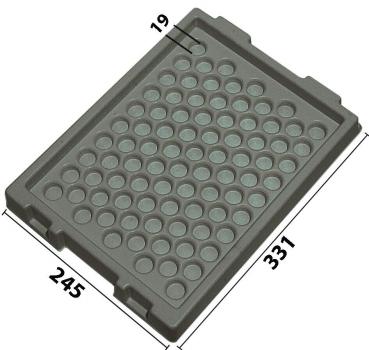 The image shows a rectangular, gray plate with many round indentations. The plate measures approximately 33.1 cm in length and 24.5 cm in width. There are also two small notches in the upper area.