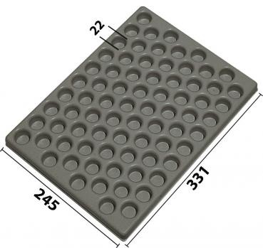 The image shows a rectangular, gray plate with many uniform indentations where small objects can be placed. The plate measures 245 mm x 331 mm and the indentations have a diameter of 22 mm.