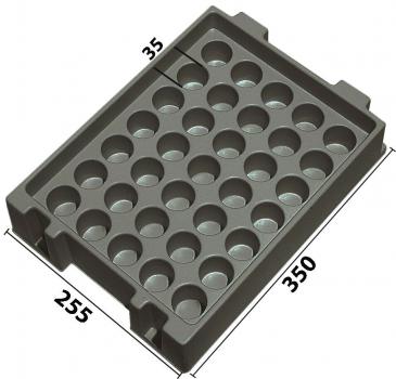 The image displays a gray plastic mold with 36 round indentations in three rows. The dimensions are 350 mm in length and 255 mm in width. There are two handles on one side.