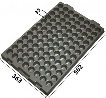 The image shows a flat, gray plate with many small, round indentations. The plate is rectangular in shape and measures 363 mm in width and 562 mm in length.