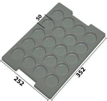 The image displays a rectangular, gray slab featuring 16 round indentations arranged in two even rows. On the side, measurements in millimeters are indicated: 252 mm and 352 mm. There is a 50 mm marking at the top.
