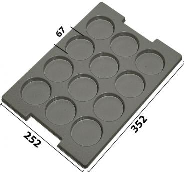 The image displays a rectangular shape with 10 round indentations. The colors are gray, and dimensions are provided along the edges. The shape is suitable for baking or filling.