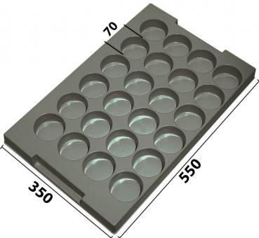 The image displays a gray plastic plate with 24 round indentations. The plate measures 350 mm in width and 550 mm in length, with a narrow area of 70 mm on one side.