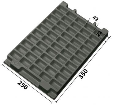 The image shows a rectangular, gray plastic plate with many small indentations. The dimensions are 350 mm long and 250 mm wide. It has a thickness of 22 mm and an edge of 42 mm.