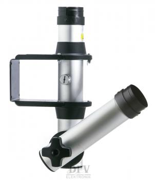 The image displays a silver device resembling a telescope. It features a cylindrical body, a black mounting element, and a round, tapered opening at one end.