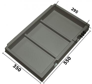 The image displays a gray, rectangular tray with two compartments. It measures 550 mm in length, 350 mm in width, and 155 mm in height. The surfaces are smooth and plain.