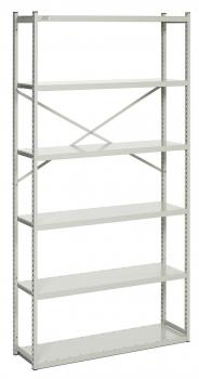 The image shows a freestanding, tall shelf made of light metal with five horizontal shelves. The structure is stable and has diagonal braces for additional stability.