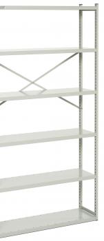 The image shows a tall, narrow shelving unit in light gray. It has five open shelves evenly spaced, and a cross-shaped support structure at the back.