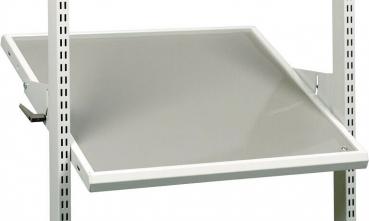 The image shows a bright, diagonally arranged shelf that is attached to a frame with two vertical rods. The edges are clearly defined, the surface appears smooth.