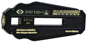 The image shows a black wire stripper. It has an ergonomic shape with a large opening in the middle and various measurements. The labeling is in yellow.