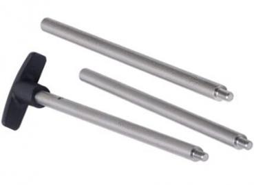 The image shows three metallic rods of different lengths. Two are cylindrical and have a smooth surface at one end. A third piece is a T-shaped handle that holds the rods.