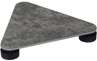 The image displays a triangular tabletop in a gray stone design. It has rounded corners and is supported by two black legs. The surface appears smooth and modern.