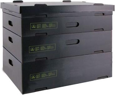 The image shows a rectangular, flat box made of black cardboard. It has a handle on each of the shorter sides and green lettering on the long side.