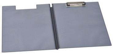 The image shows a gray folder that is open. It has a clip at the top for securing documents and is slightly rounded at the sides. The folder is made of sturdy material.