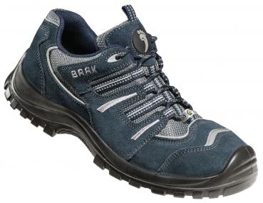The shoe is a sporty, blue trekking shoe with a gray mesh structure and a non-slip, black rubber sole. It has laces and a reinforced toe cap.