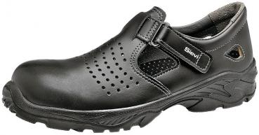 The shoe is black, has a closed design with a strap buckle and breathable cutouts. The sole is sturdy and has a deep tread for better grip.