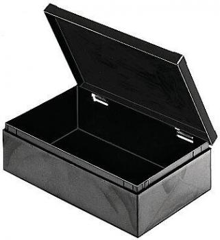 Das Bild zeigt eine schwarze, rechteckige Box mit einem abgehobenen Deckel. Die Innenfläche ist leer und rau, der Außenbereich ist glatt und glänzend.