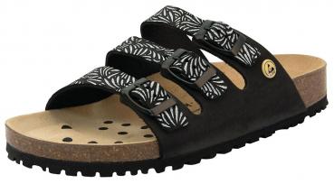 The shoe is a black, open sandal with three straps secured by buckles. The sole is brown and features a slight curve as well as small holes for ventilation.