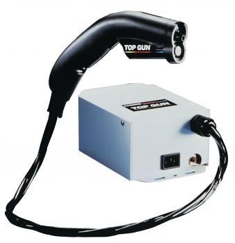 The image shows a black handheld targeting gun connected by a cable to a gray box. The box is labeled 