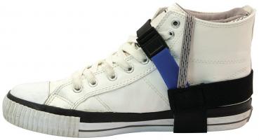 This is a white high-top sports shoe. It has a black sole and is secured or combined with various straps in black and blue.