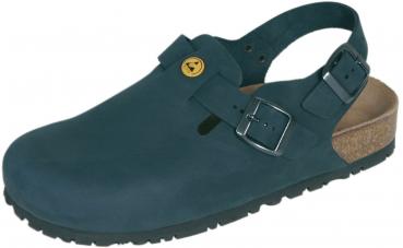 The shoe is a clog in dark blue-green with an open heel area. It has a soft, padded interior and a buckle on the side for better support. The sole is slip-resistant.