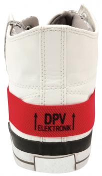 Das Bild zeigt die Rückansicht eines weißen Schuhs. Er hat eine rote Gummiband mit der Aufschrift "DPV ELEKTRONIK" und eine schwarze Sohle. Die Schnürsenkel sind grau und die Form ist sportlich.