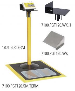 The image shows a tall, slender post in bright yellow with a round black base. At the top, it has an opening, which might be intended for a barrier tape.
