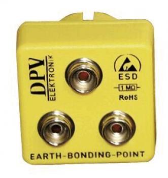 The image shows a yellow box with three round, silver connectors. On the front are the words "DPV ELEKTRONIK" and "EARTH-BONDING-POINT" as well as symbols for ESD and RoHS visible.