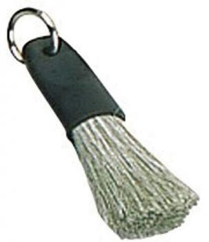 The image shows a keychain in the form of a small bundle of fine, silver bristles attached to a black, round ring.