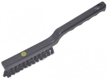 The image shows a black wire brush. It has a long, narrow handle and a flat brush surface with sturdy wire bristles that are used for cleaning.