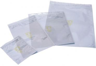 The image shows several transparent plastic envelopes in various sizes, stacked together. They are primarily white and feature a narrow yellow print.
