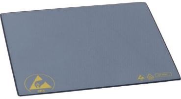 The image shows a gray, rectangular mat with a smooth surface. In the lower corner, there are yellow symbols and texts indicating recycling.