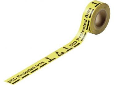 The image shows a roll of yellow caution tape. It reads "ESD Protected Area" in black letters, surrounded by warning symbols. The tape is used to mark electrostatically protected areas.