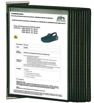 The image shows a ring binder with several transparent sleeves. In the front sleeve, there is a document with instructions and a diagram visible.