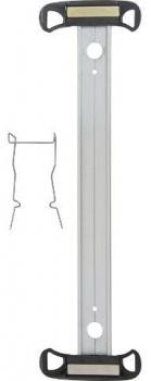 The image shows a long, flat aluminum handle with two black ends. Next to the handle are two small metal clips. The handle has two holes in the center.