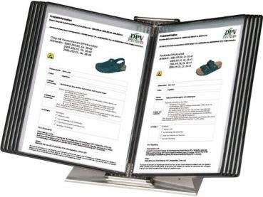 Das Bild zeigt einen aufgestellten Prospektständer mit zwei Seiten. Jede Seite enthält Dokumente, die Informationen über Schuhe bereitstellen, inklusive Bildern und technischen Details.