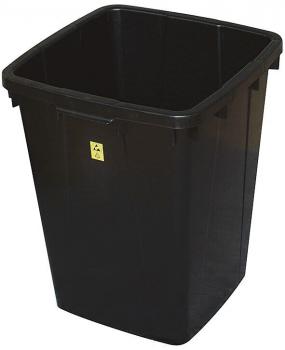 The image shows a rectangular, black trash can without a lid. It has grippy side walls and a yellow warning marking on the front. The edges are slightly rounded.