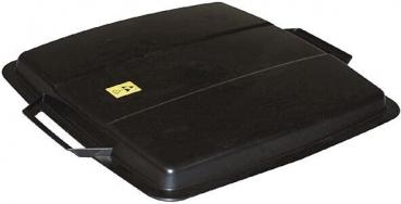 The image shows a flat, rectangular black lid with two side handles. On the top is a yellow symbol indicating how to handle it.