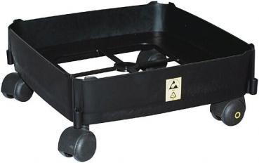 The image shows a black, square rolling cart with four movable wheels. The cart has a flat, rectangular shape and is made of one piece of plastic. There is a symbol on one side.