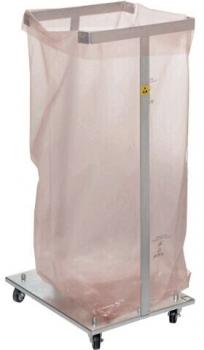 The image shows a trash collector with a metal frame and a transparent, pink net. It stands on a square base with wheels, making it movable.
