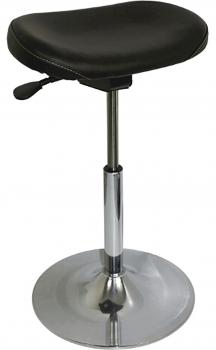 Der Hocker hat eine runde, gepolsterte Sitzfläche in Schwarz und einen verstellbaren, glänzenden Metallfuß. Er steht auf einer stabilen, runden Basis.