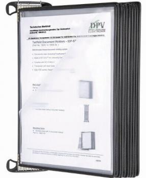 The image shows a black folder with several transparent pockets. Visible in the pockets are documents, some of which are partially written on. The folder has clips and appears organized.