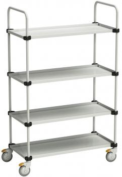 The image shows a rolling shelf with four level, flat storage surfaces. The structure is white with black connections and has two long handles on top. It is mounted on sturdy, movable wheels.