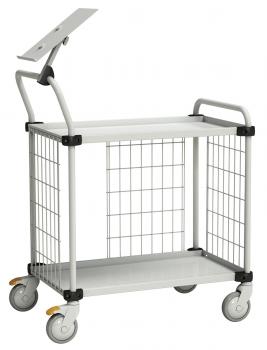 The image shows a white serving cart with two shelves. It has a grid design and four casters, which allow for easy movement. One of the upper shelves is tiltable.