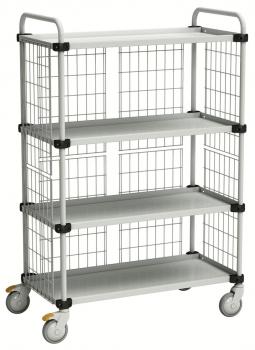 The image shows a mobile metal cart with four shelves. It has a gray metal structure, is mounted on casters, and has mesh sides. It is suitable for storing and transporting items.