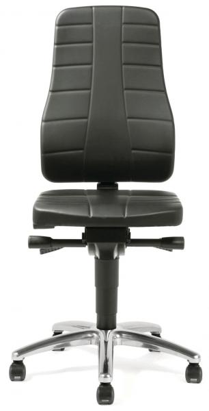 The image shows a black office chair with a high, straight backrest and a padded seat. The chair has five casters and an adjustable base.