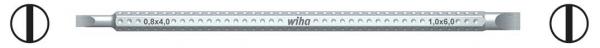 The image shows a long, narrow metal ruler with centimeter and millimeter markings on it. Round, black markings can be seen at the ends.