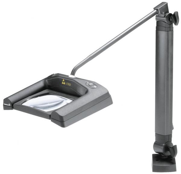 The image shows a reading magnifier with a flexible arm. It has a flat, large lens and a stable base. The lamp can be positioned over books or documents.