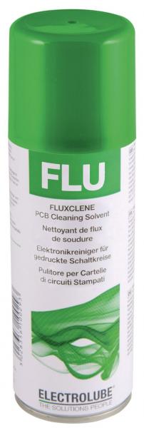 The image shows a spray can with a green lid and white lettering. On the can, it reads "FLUXCLENE" and "PCB Cleaning Solvent". Below that, there are multilingual instructions for use.